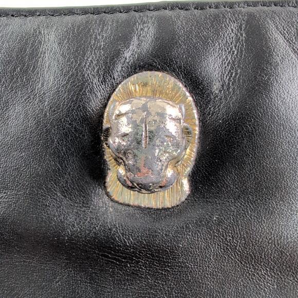Vintage Ruth Saltz Cougar Head Black Leather Handbag Double Chain Strap - Picture 2 of 8